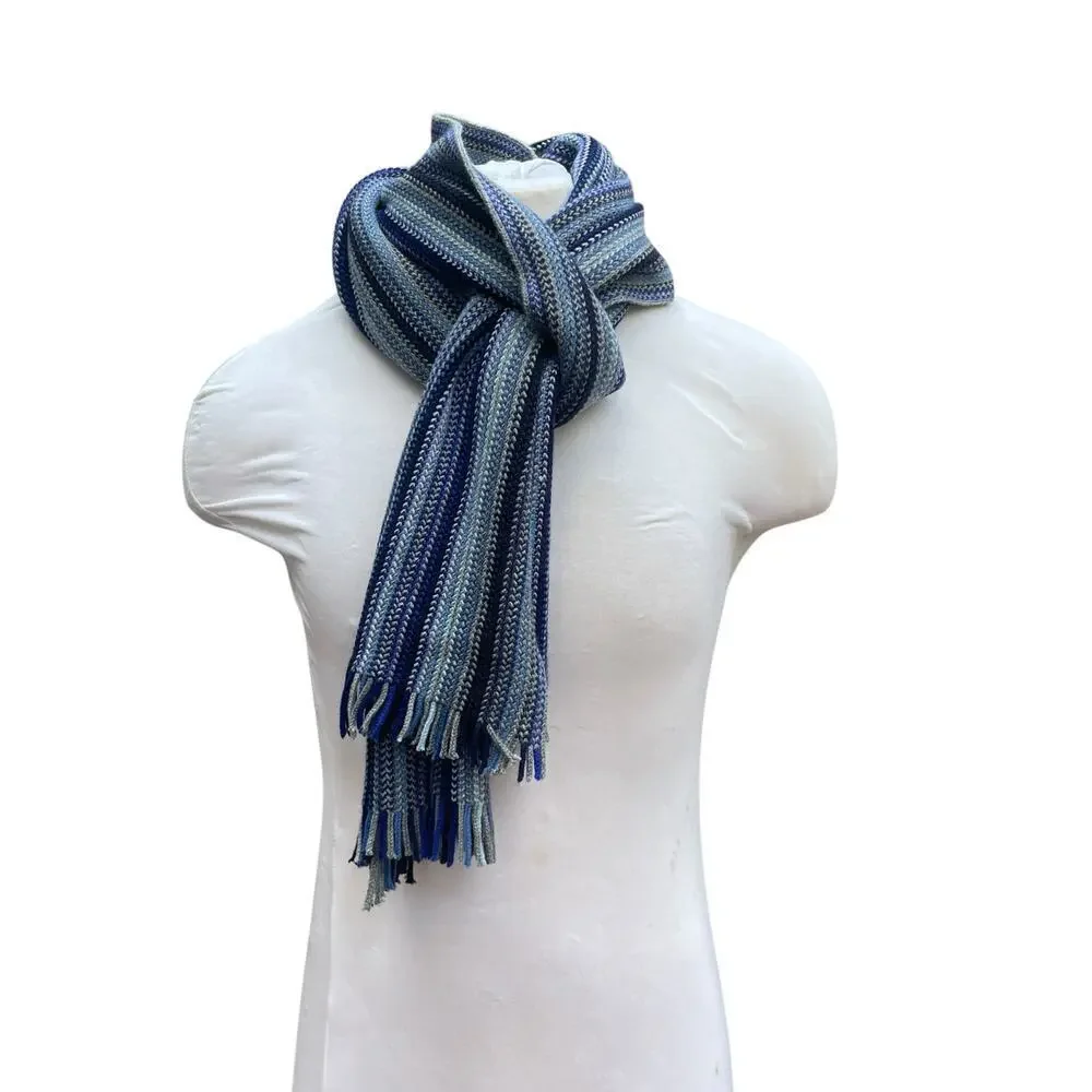 Marks & Spencer Blue Monochromatic Ombre Stripe Winter Knit Scarf Fringe NEW